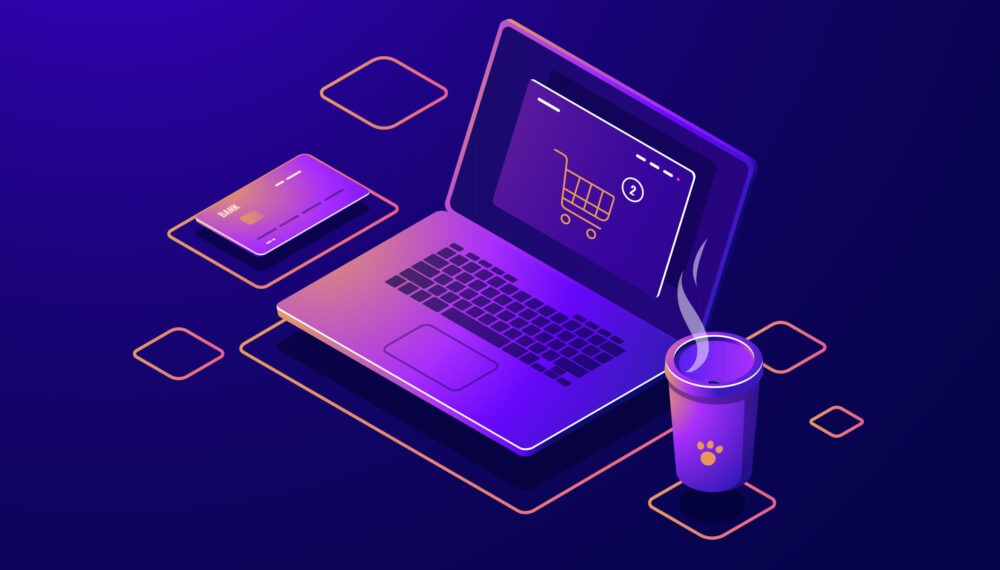 Online shopping isometric icon internet purchase, laptop with shop basket on screen, online payment, credit card dark neon vector