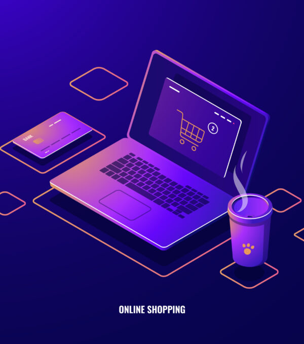 Online shopping isometric icon internet purchase, laptop with shop basket on screen, online payment, credit card dark neon vector